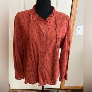 Calypso St. Barth Rust Button-Front Lace-Trim Blouse